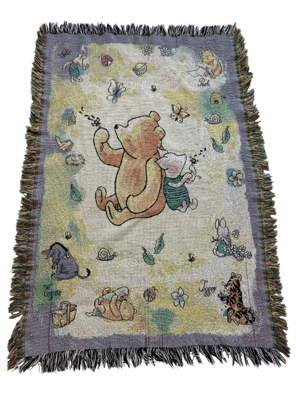 Vintage Disney Winnie Pooh Piglet Woven Tapestry Throw Blanket Fringe Edges